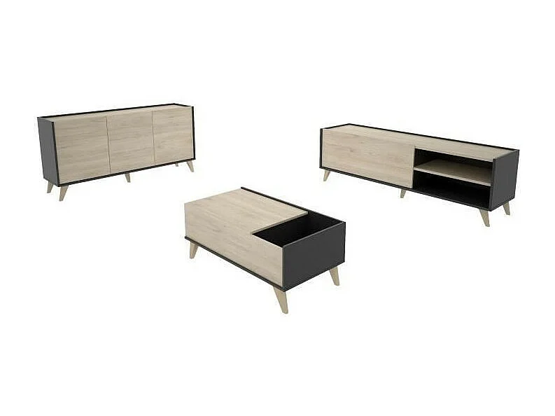 Ensemble Meuble TV 155cm + buffet 3 portes 155cm + Table basse relevable - Chene naturel et graphite - NESS