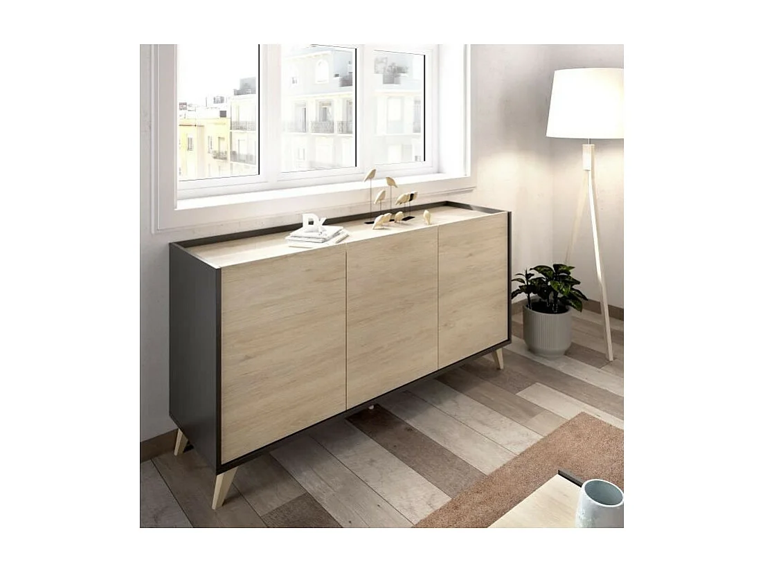 Ensemble Meuble TV 155cm + buffet 3 portes 155cm + Table basse relevable - Chene naturel et graphite - NESS