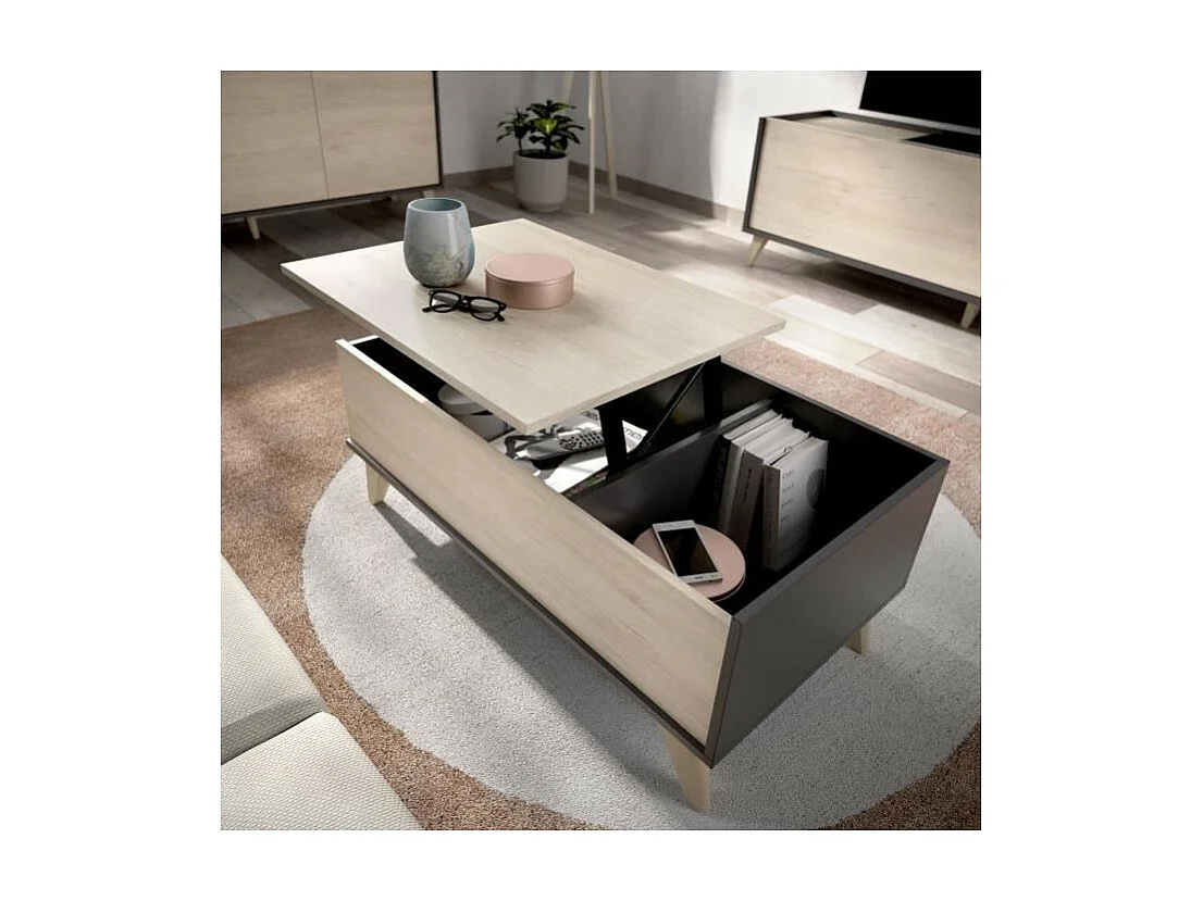 Ensemble Meuble TV 155cm + buffet 3 portes 155cm + Table basse relevable - Chene naturel et graphite - NESS