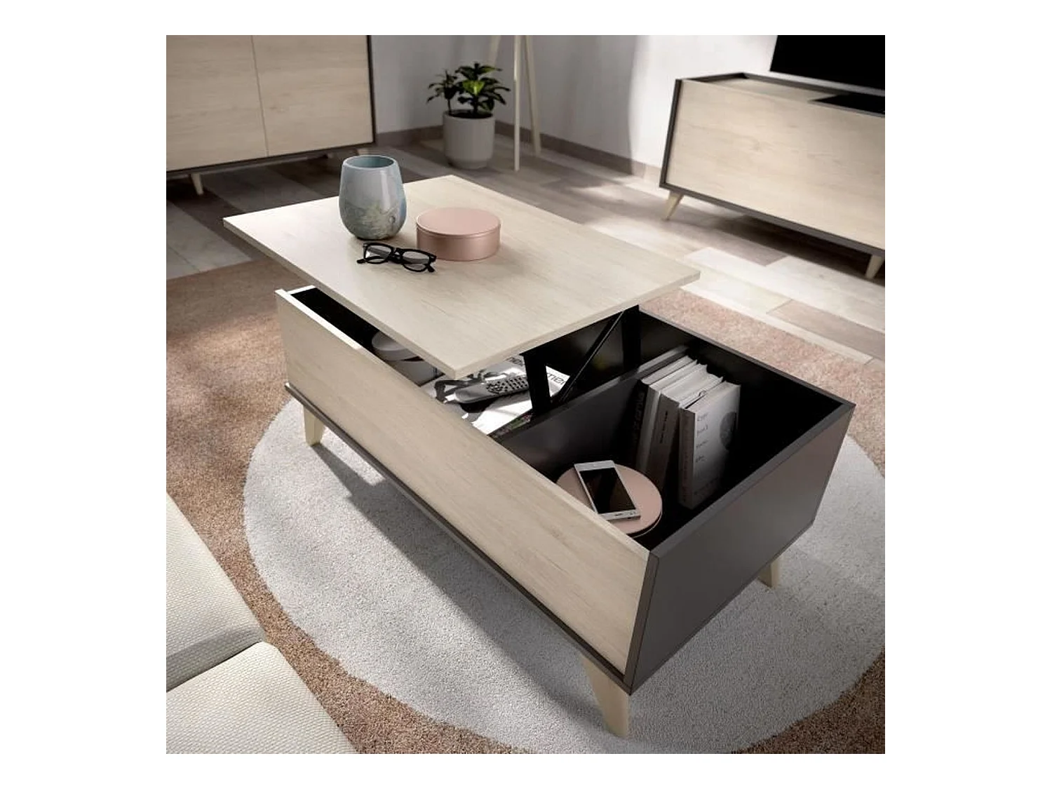 Ensemble Meuble TV 155cm + buffet 3 portes 155cm + Table basse relevable - Chene naturel et graphite - NESS