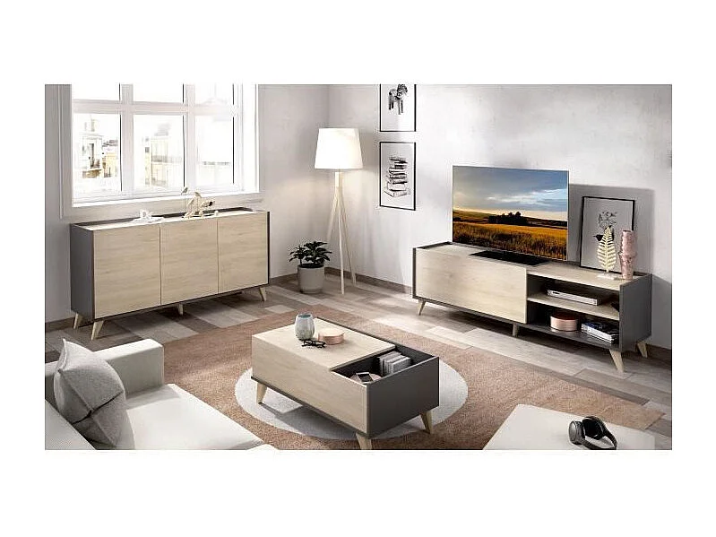 TV-meubelset, salontafel, dressoir - Melamine - Scandinavische stijl - natuurlijk eiken en grafiet