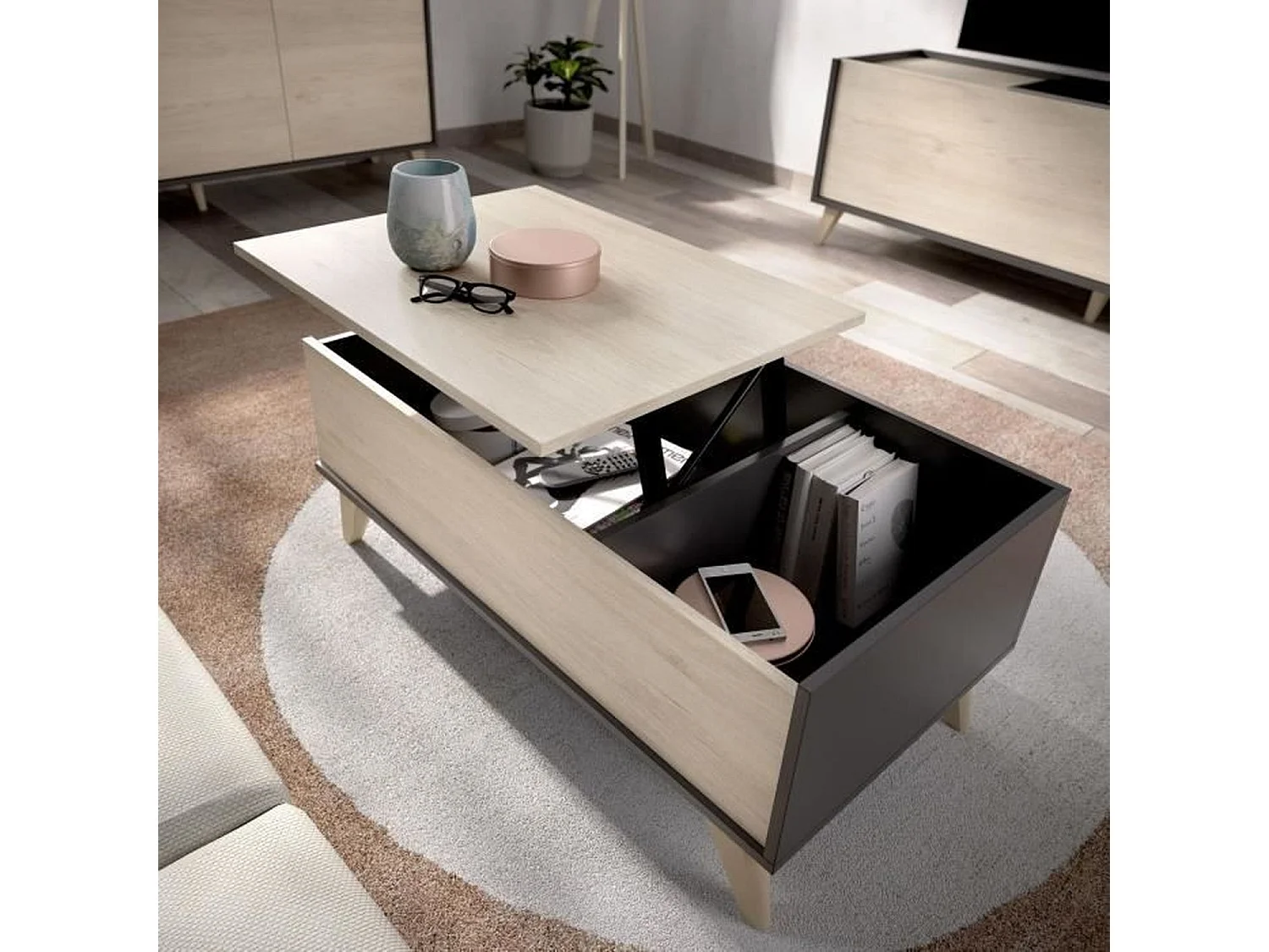 TV-meubelset, salontafel, dressoir - Melamine - Scandinavische stijl - natuurlijk eiken en grafiet