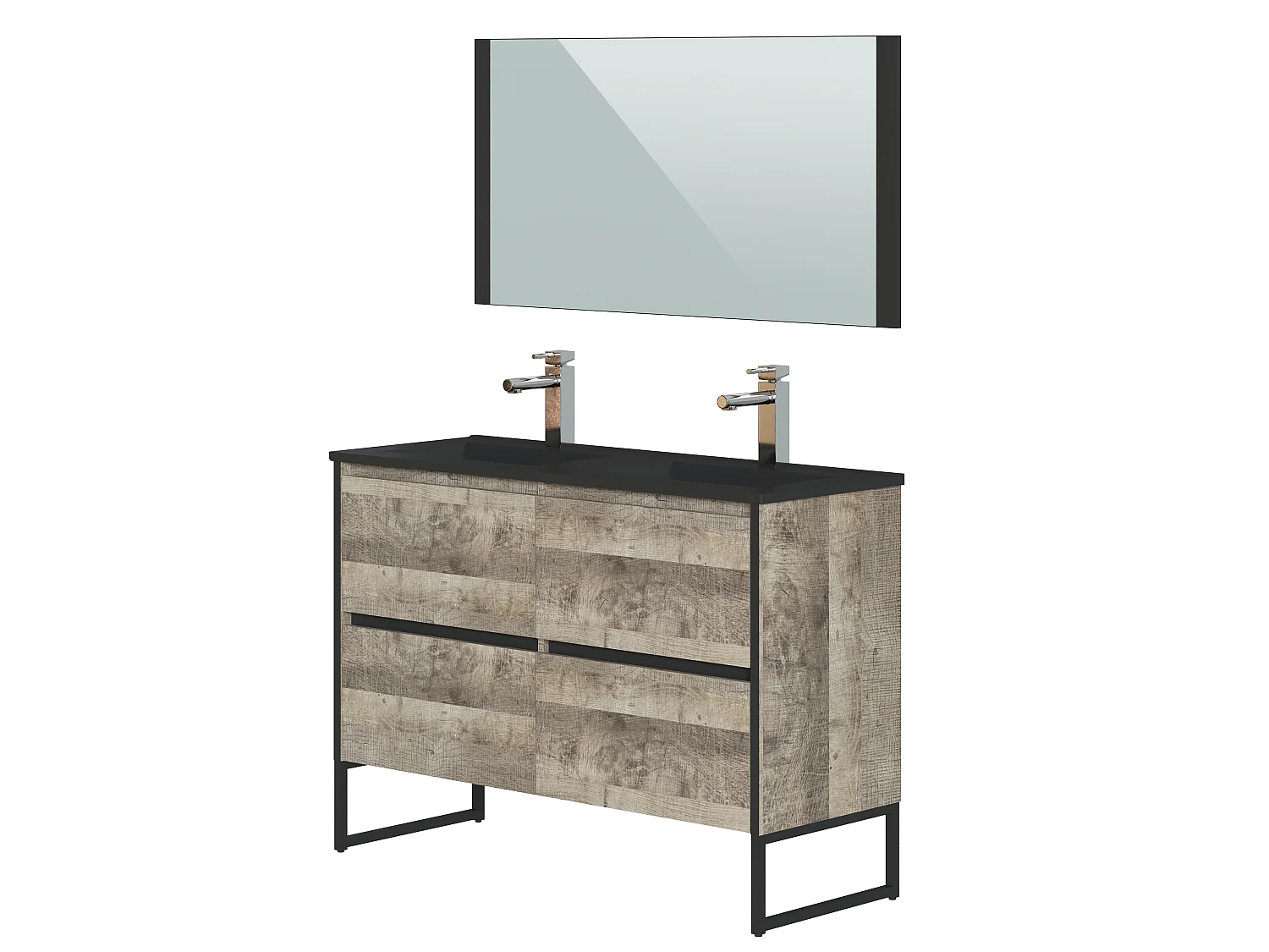 Meuble de Salle de Bain 120 cm coloris bois latté et noir - Longueur 122 x Profondeur 46 x Hauteur 87,5 cm
