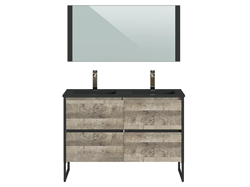 Meuble de Salle de Bain 120 cm coloris bois latté et noir - Longueur 122 x Profondeur 46 x Hauteur 87,5 cm