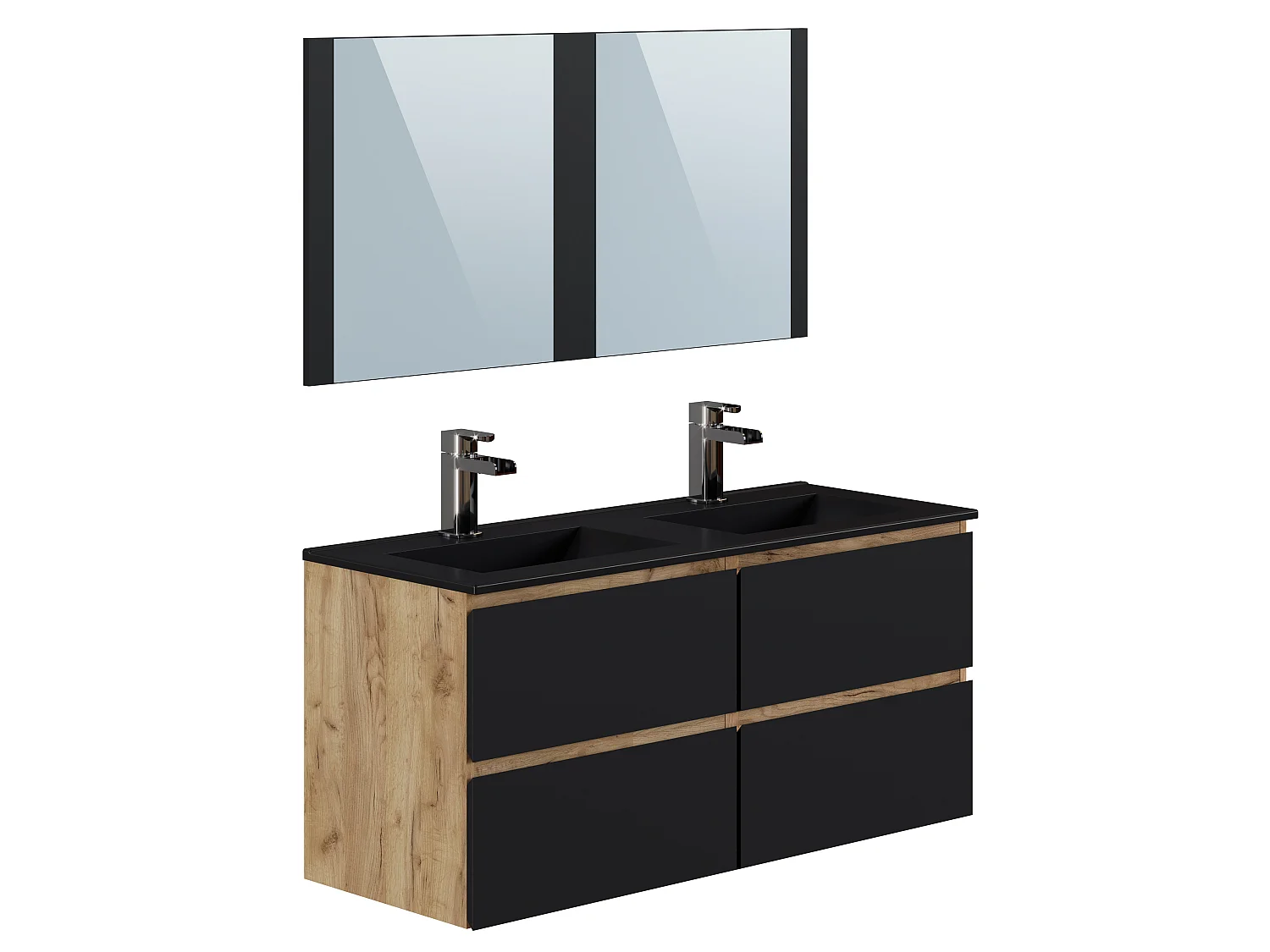 Meuble salle de bain 120cm coloris Chêne et noir - Longueur 122 x Profondeur 46 x Hauteur 57 cm