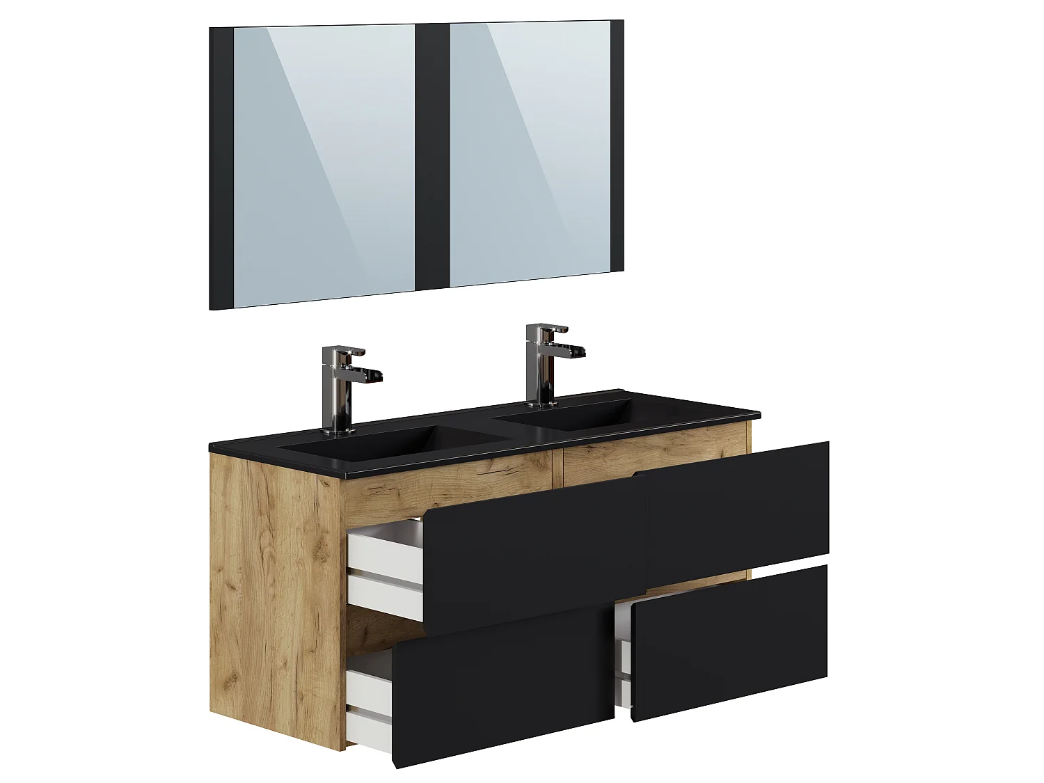 Meuble salle de bain 120cm coloris Chêne et noir - Longueur 122 x Profondeur 46 x Hauteur 57 cm