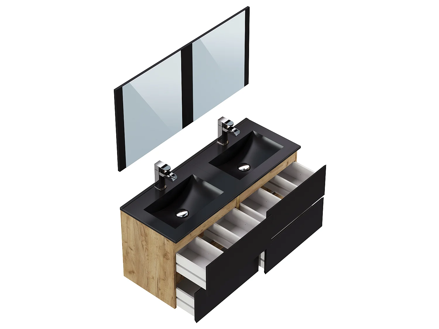 Meuble salle de bain 120cm coloris Chêne et noir - Longueur 122 x Profondeur 46 x Hauteur 57 cm