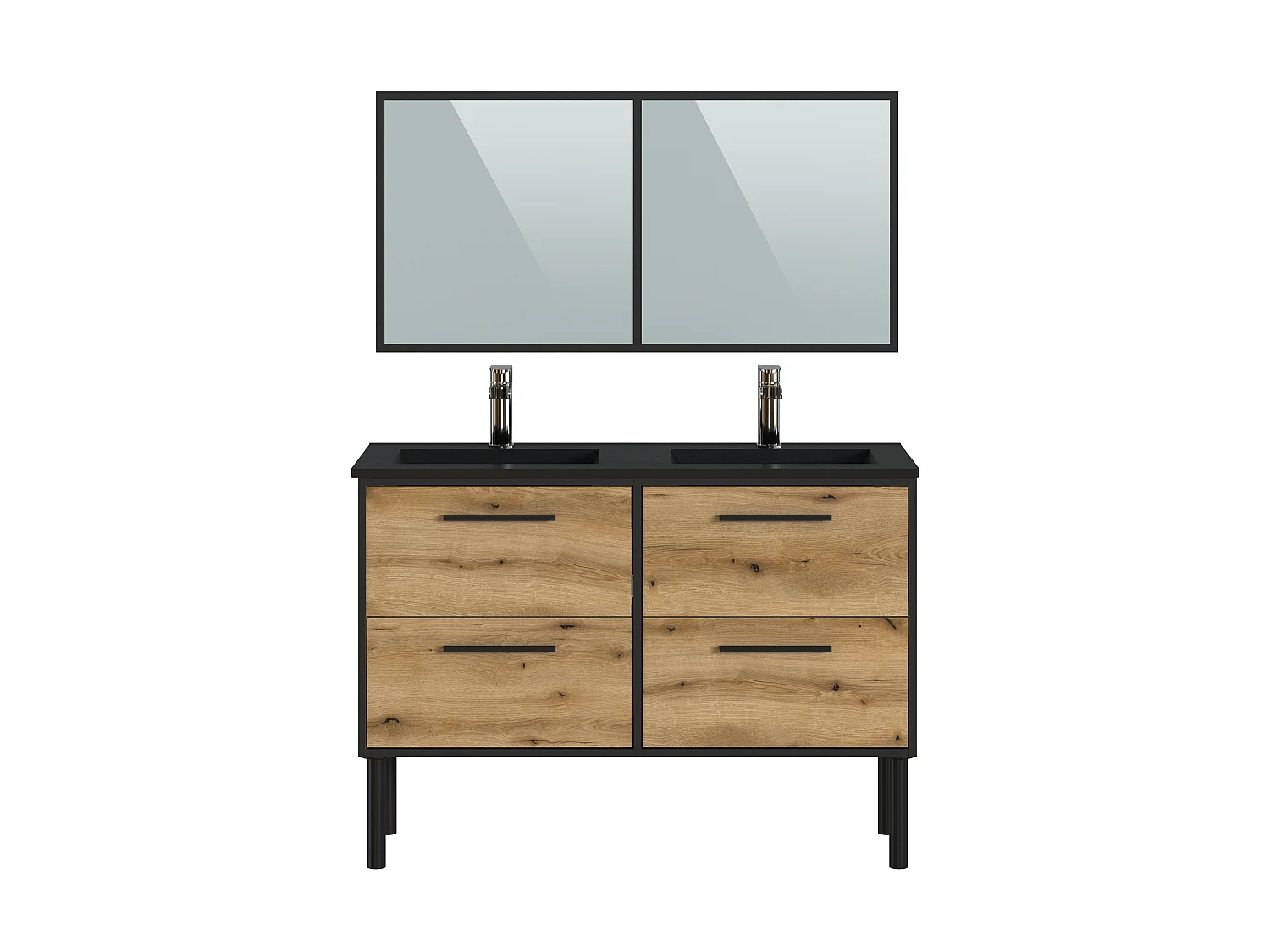 Meuble Salle de Bain coloris chêne et noir - Longueur 122 x Profondeur 64 x Hauteur 87,5 cm