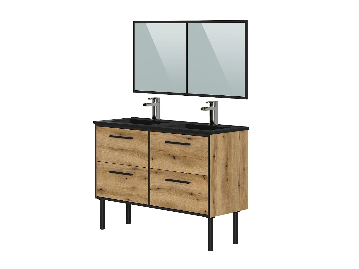 Meuble Salle de Bain coloris chêne et noir - Longueur 122 x Profondeur 64 x Hauteur 87,5 cm