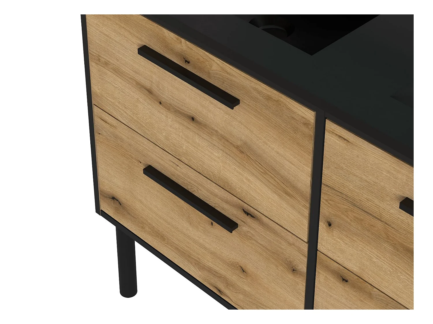 Meuble Salle de Bain coloris chêne et noir - Longueur 122 x Profondeur 64 x Hauteur 87,5 cm