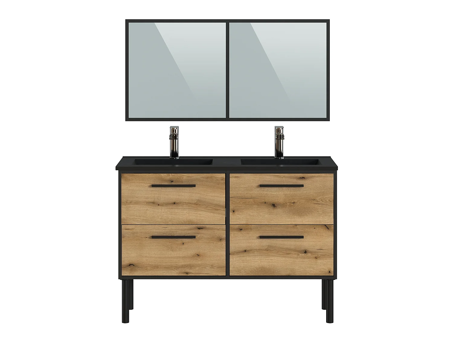 Meuble Salle de Bain coloris chêne et noir - Longueur 122 x Profondeur 64 x Hauteur 87,5 cm