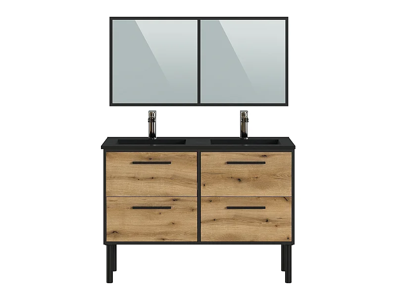 Meuble Salle de Bain coloris chêne et noir - Longueur 122 x Profondeur 64 x Hauteur 87,5 cm