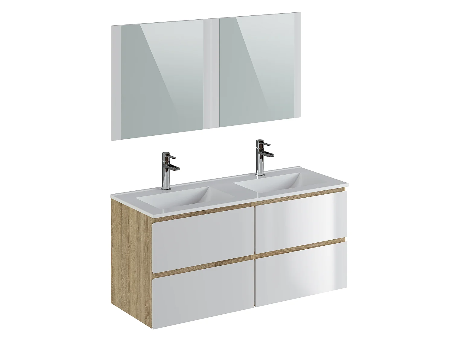 Meuble de salle de bain 120 cm coloris Blanc et chêne - Longueur 122 x Profondeur 46 x Hauteur 57 cm