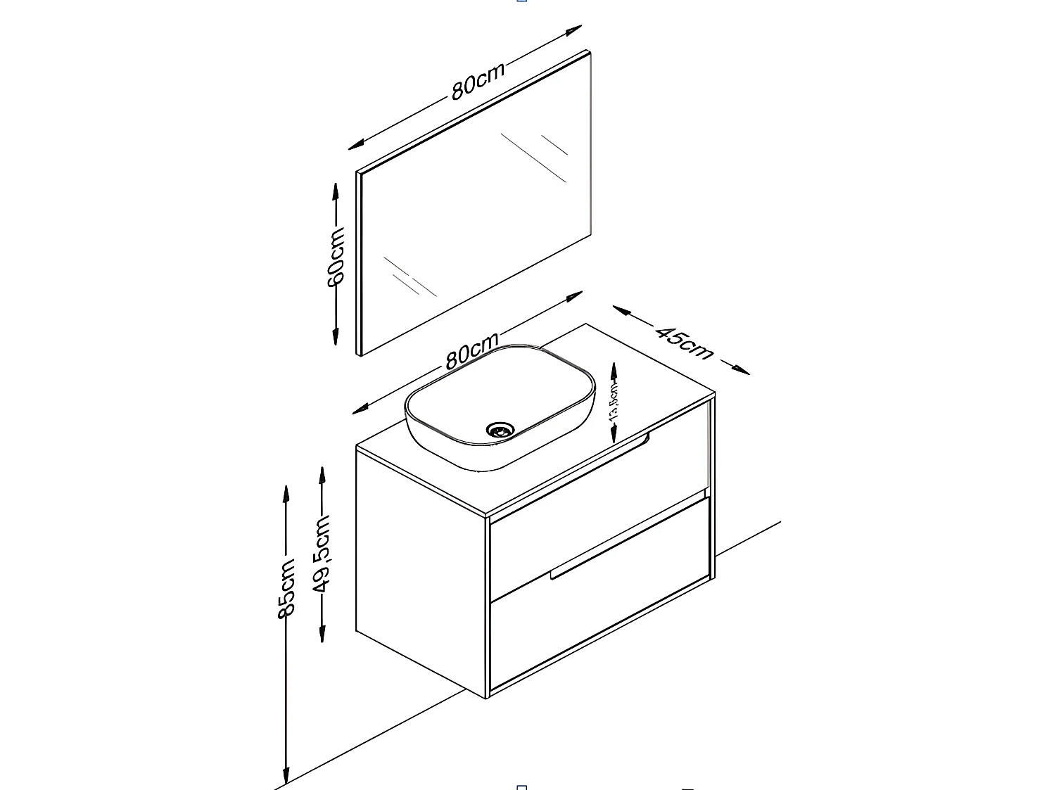 Meuble de salle de bain  80 cm coloris chêne méditerranéen et blanche - Longueur 80 x Profondeur 45 x Hauteur 49,5 cm