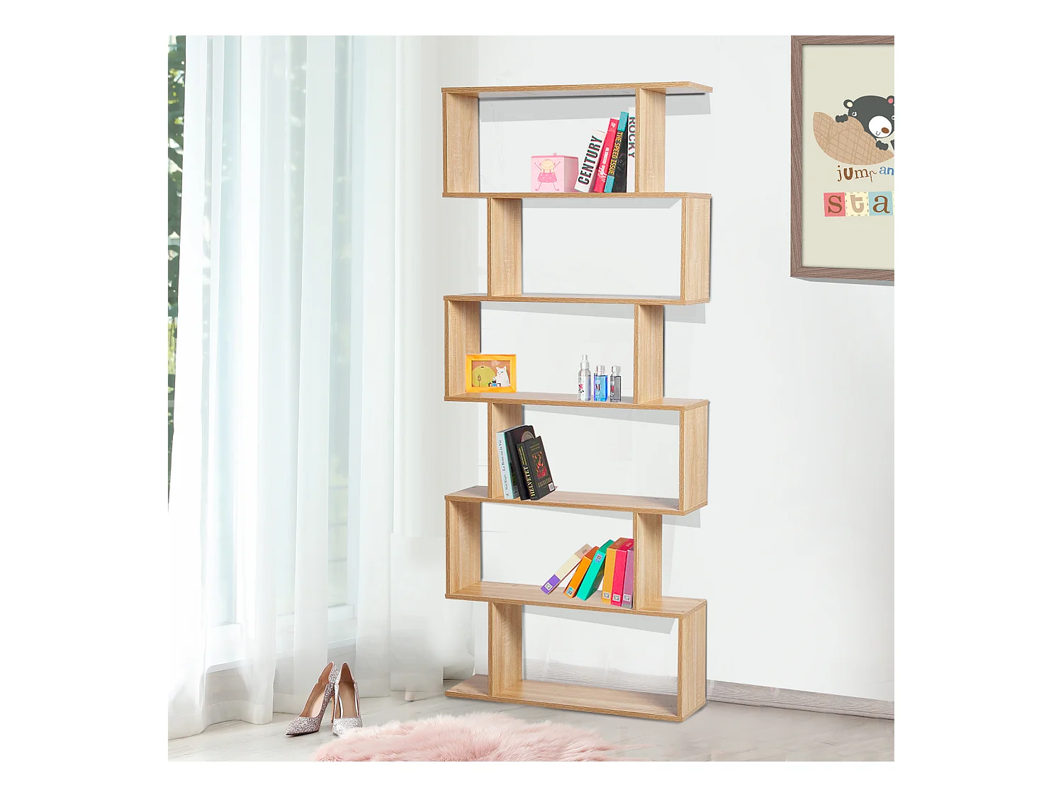 Bibliothèque étagère zig zag design contemporain 80L x 23l x 192H cm 6 niveaux coloris chêne clair