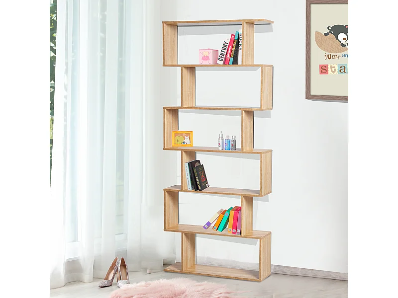 Bibliothèque étagère zig zag design contemporain 80L x 23l x 192H cm 6 niveaux coloris chêne clair