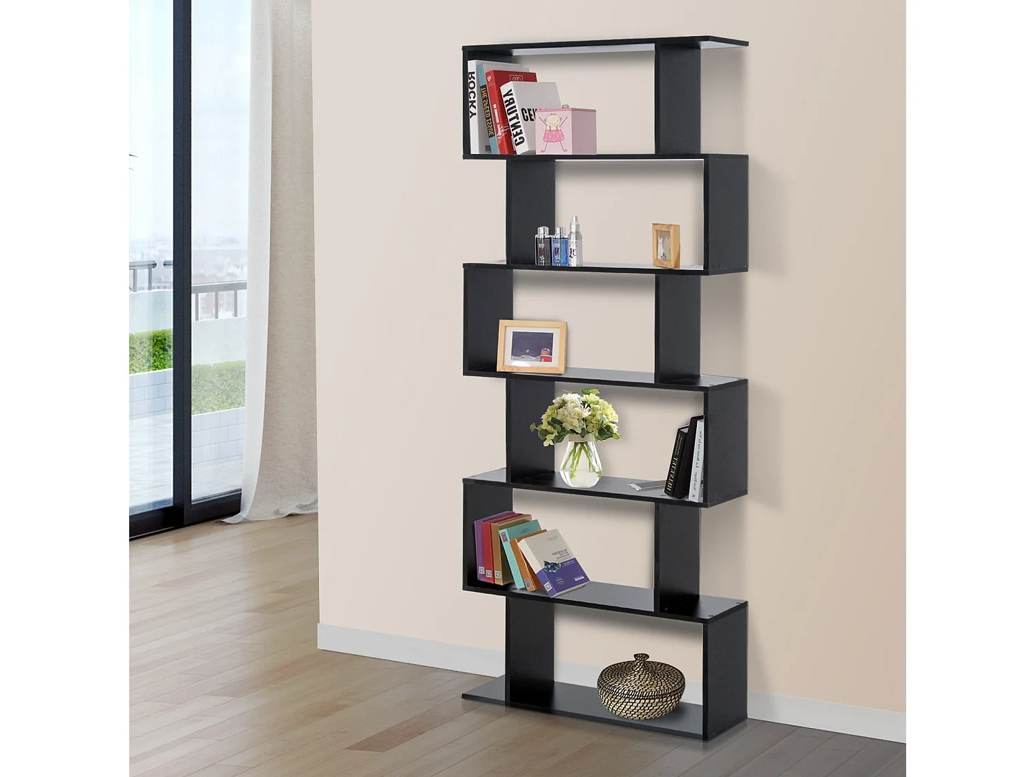 Bibliothèque étagère zig zag design contemporain 80L x 23l x 192H cm 6 niveaux noir