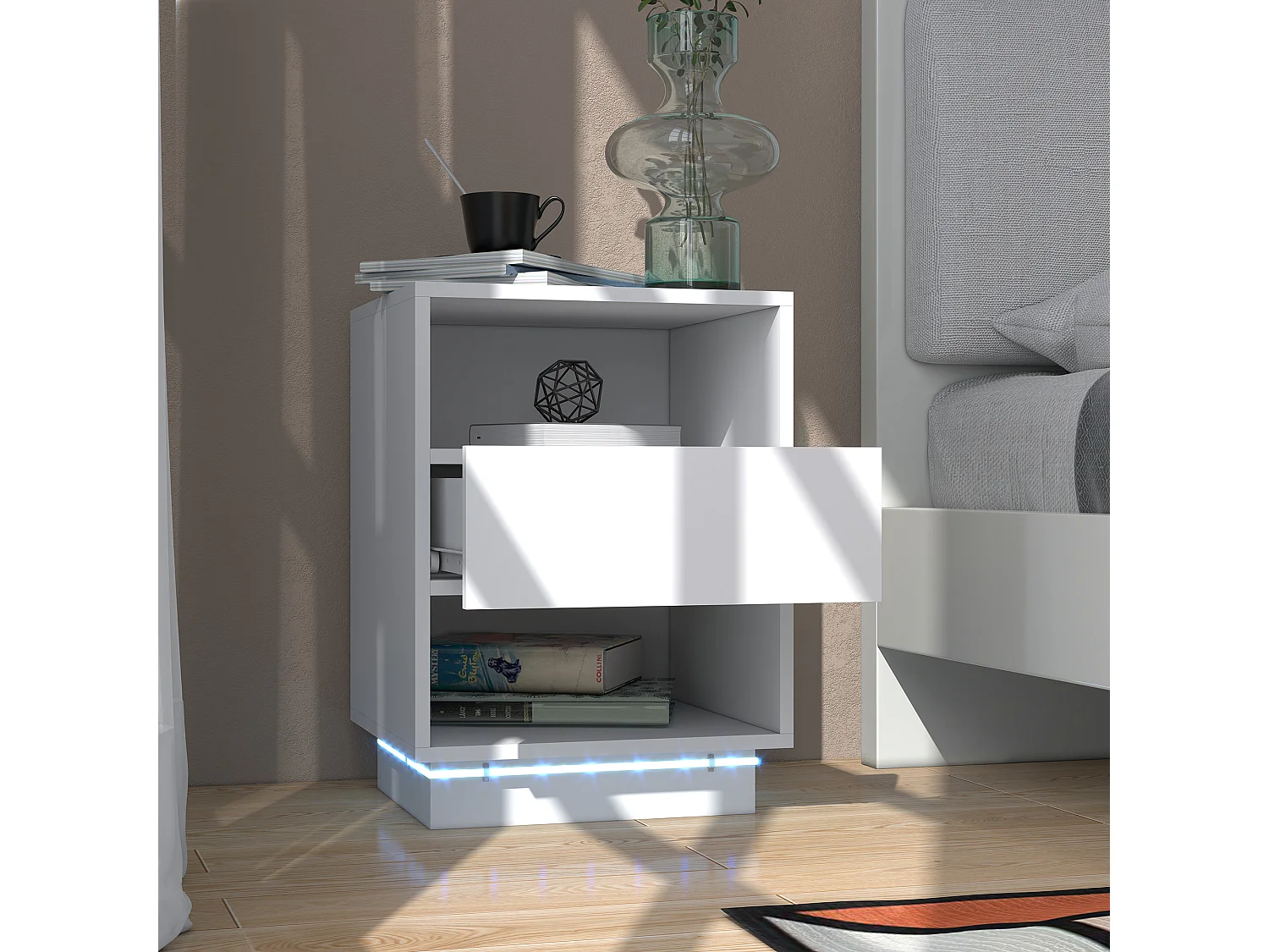 Table de chevet table de nuit LED - tiroir, niches, plateau - 40 x 40 x 55 cm - blanc brillant laqué