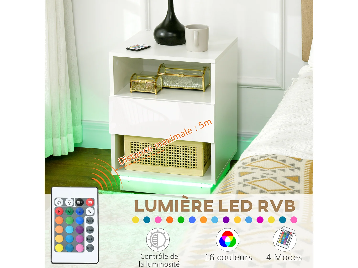 Table de chevet table de nuit LED - tiroir, niches, plateau - 40 x 40 x 55 cm - blanc brillant laqué