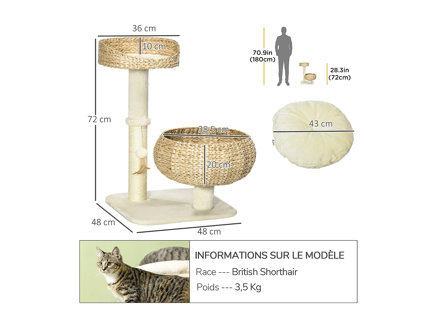 Arbre à chat griffoir 2 niveaux hauteur 72 cm poteau sisal avec niche et plate-forme 1 balle suspendue beige