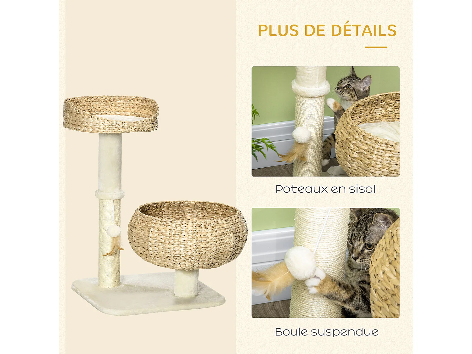 Arbre à chat griffoir 2 niveaux hauteur 72 cm poteau sisal avec niche et plate-forme 1 balle suspendue beige