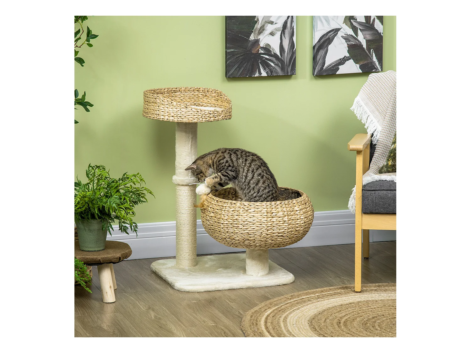 Arbre à chat griffoir 2 niveaux hauteur 72 cm poteau sisal avec niche et plate-forme 1 balle suspendue beige