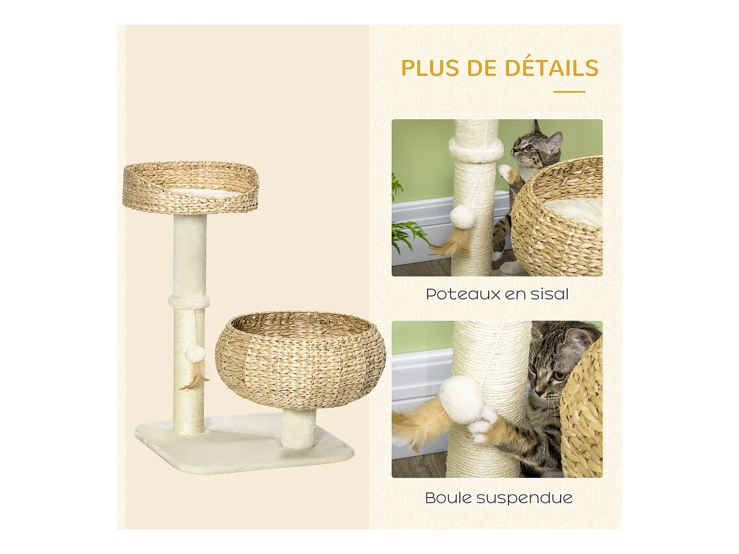 Arbre à chat griffoir 2 niveaux hauteur 72 cm poteau sisal avec niche et plate-forme 1 balle suspendue beige