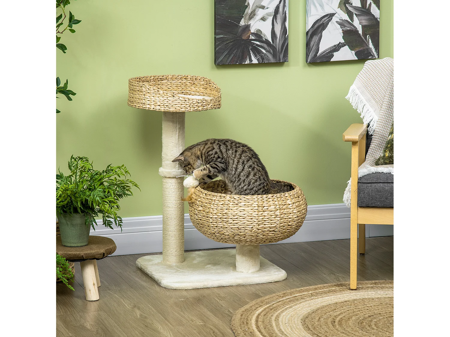 Arbre à chat griffoir 2 niveaux hauteur 72 cm poteau sisal avec niche et plate-forme 1 balle suspendue beige