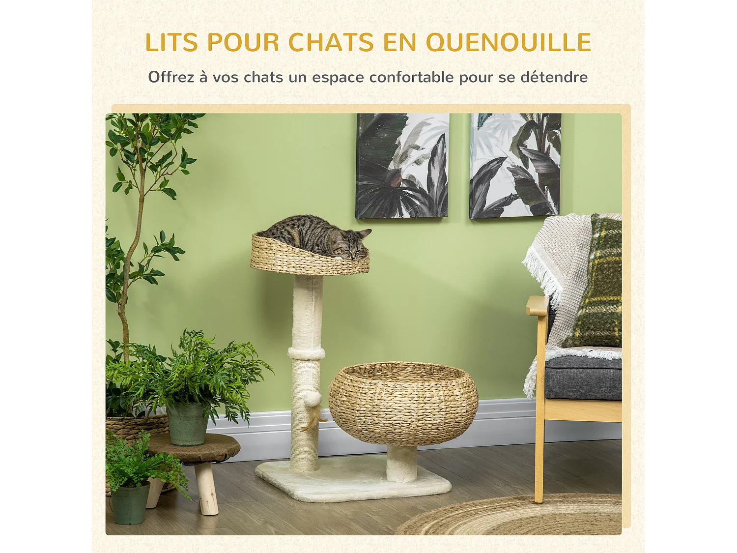 Arbre à chat griffoir 2 niveaux hauteur 72 cm poteau sisal avec niche et plate-forme 1 balle suspendue beige