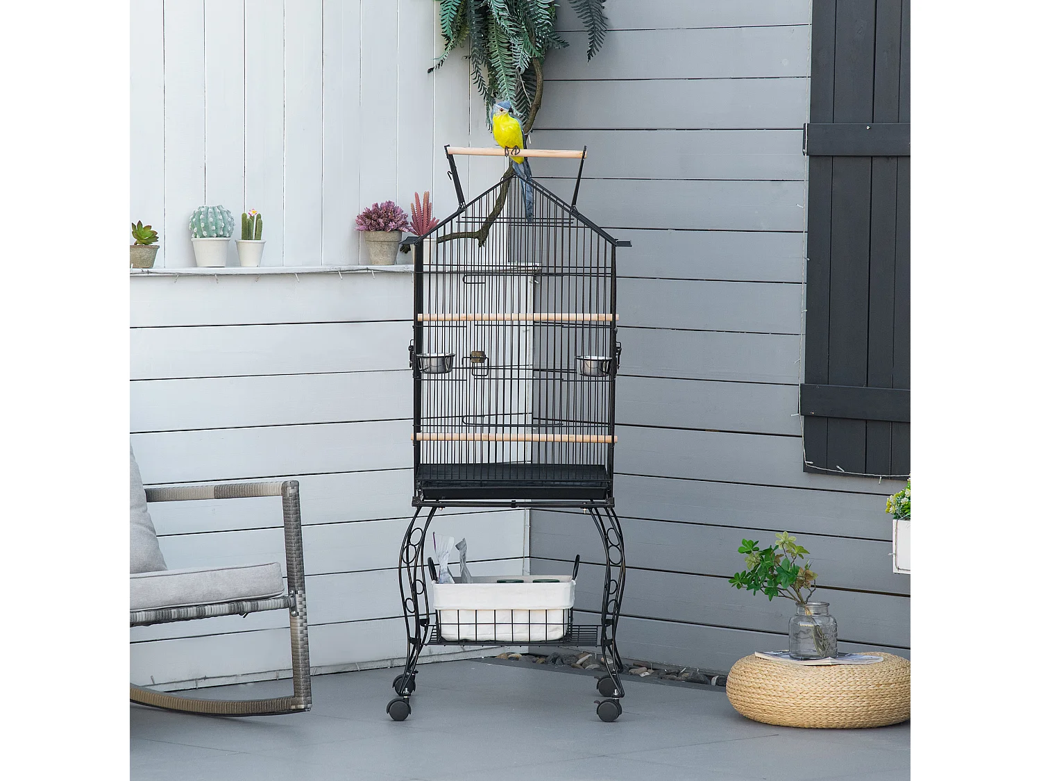 Cage à oiseaux sur pied volière avec 2 mangeoires perchoirs plateau amovible poignée et roulettes - 50 x 58 x 137-145 cm noir