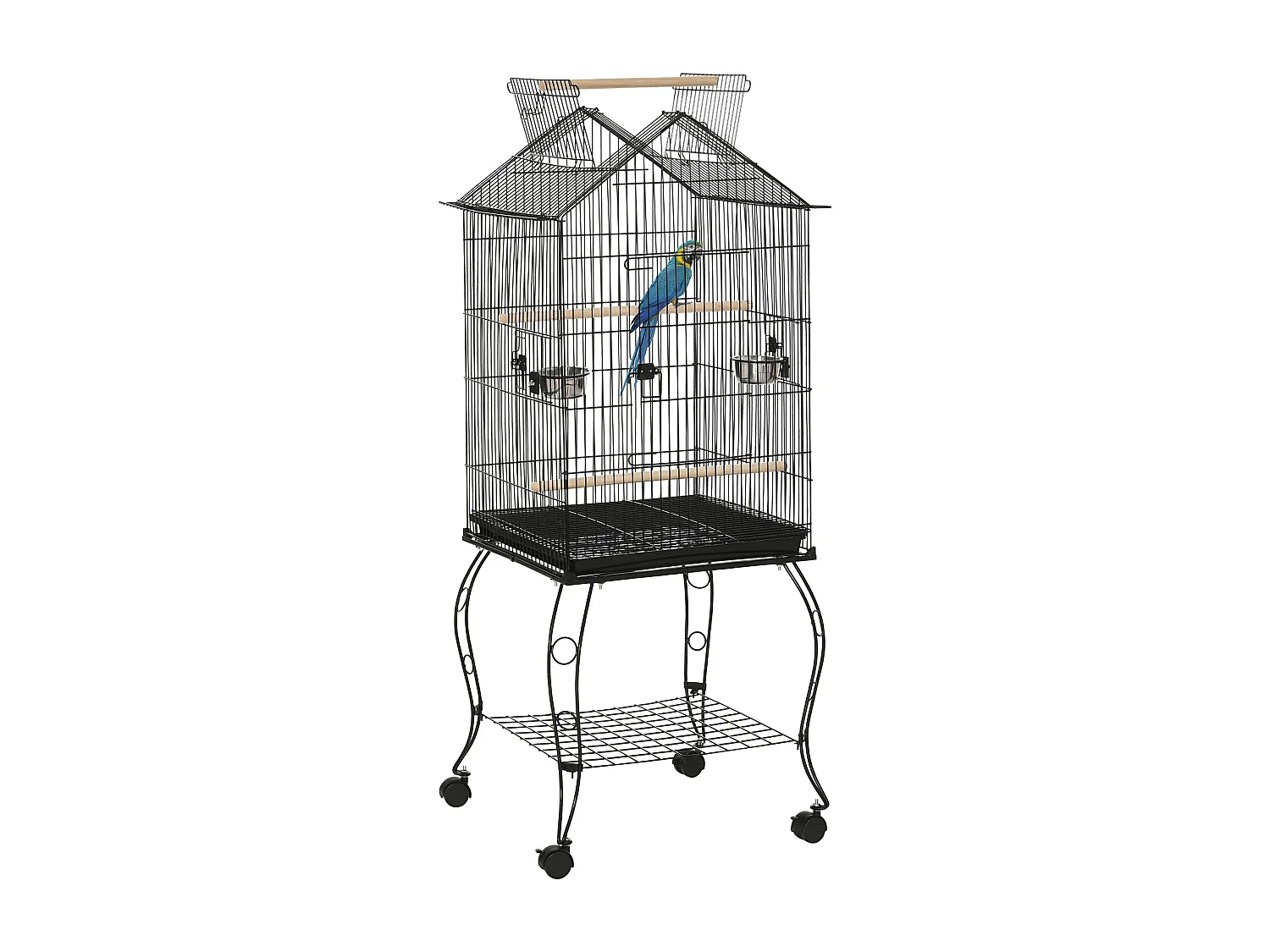 Cage à oiseaux sur pied volière avec 2 mangeoires perchoirs plateau amovible poignée et roulettes - 50 x 58 x 137-145 cm noir