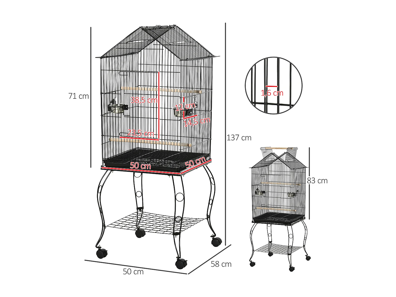 Cage à oiseaux sur pied volière avec 2 mangeoires perchoirs plateau amovible poignée et roulettes - 50 x 58 x 137-145 cm noir