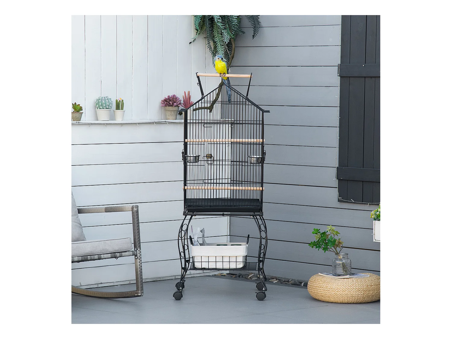 Cage à oiseaux sur pied volière avec 2 mangeoires perchoirs plateau amovible poignée et roulettes - 50 x 58 x 137-145 cm noir