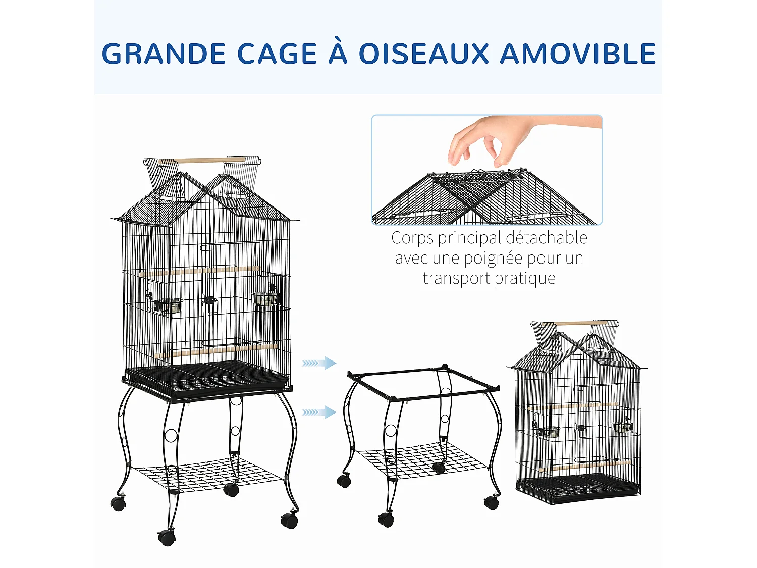 Cage à oiseaux sur pied volière avec 2 mangeoires perchoirs plateau amovible poignée et roulettes - 50 x 58 x 137-145 cm noir