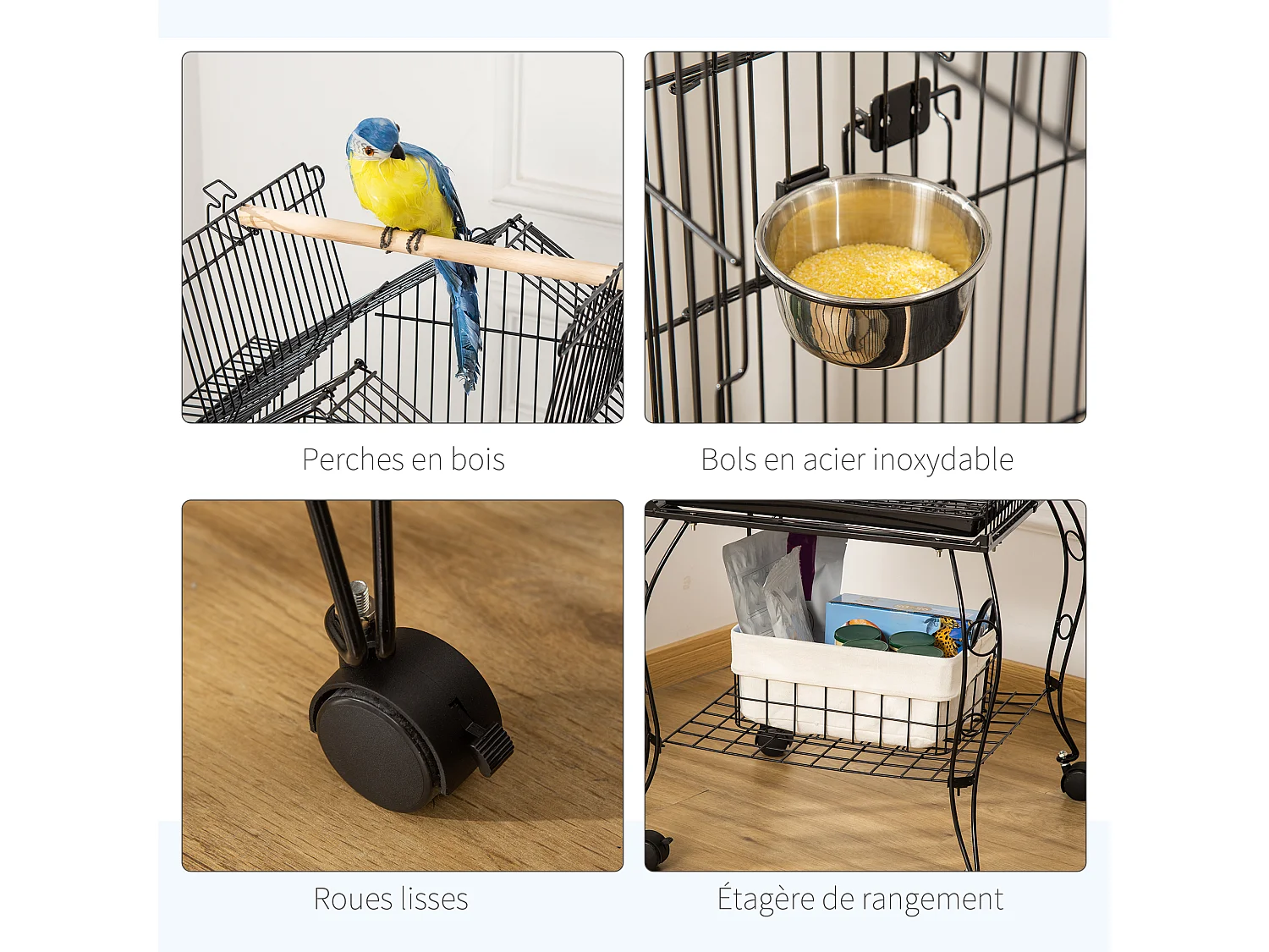 Cage à oiseaux sur pied volière avec 2 mangeoires perchoirs plateau amovible poignée et roulettes - 50 x 58 x 137-145 cm noir