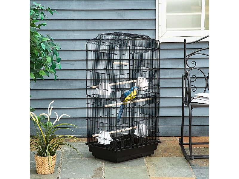 Cage à oiseaux volière avec mangeoires perchoirs plateau amovible dim. 46,5L x 35,5l x 92H cm métal PS noir