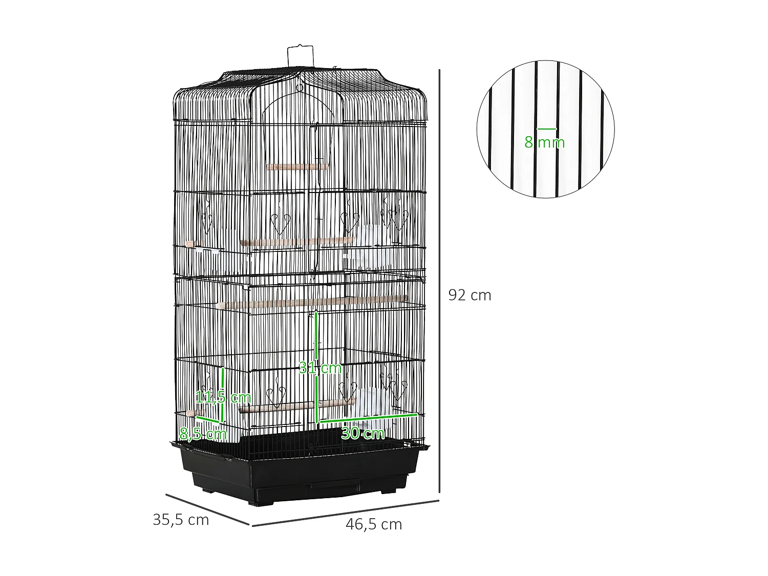 Cage à oiseaux volière avec mangeoires perchoirs plateau amovible dim. 46,5L x 35,5l x 92H cm métal PS noir