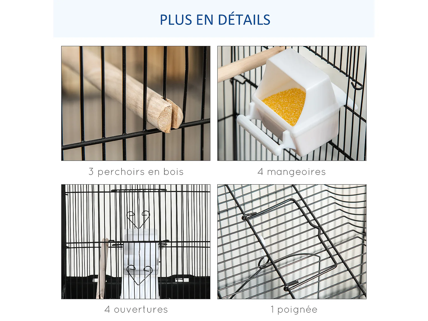 Cage à oiseaux volière avec mangeoires perchoirs plateau amovible dim. 46,5L x 35,5l x 92H cm métal PS noir