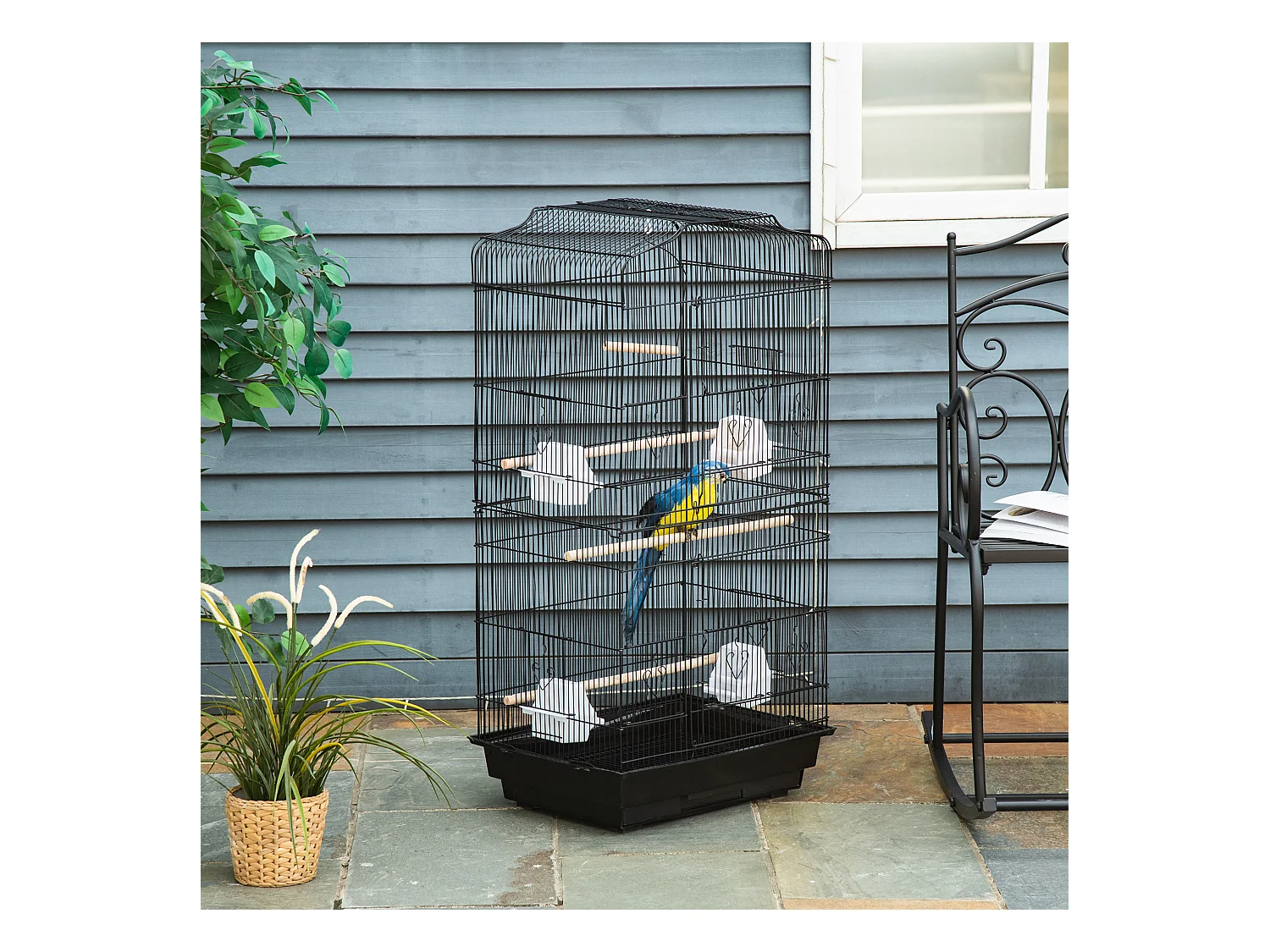 Cage à oiseaux volière avec mangeoires perchoirs plateau amovible dim. 46,5L x 35,5l x 92H cm métal PS noir