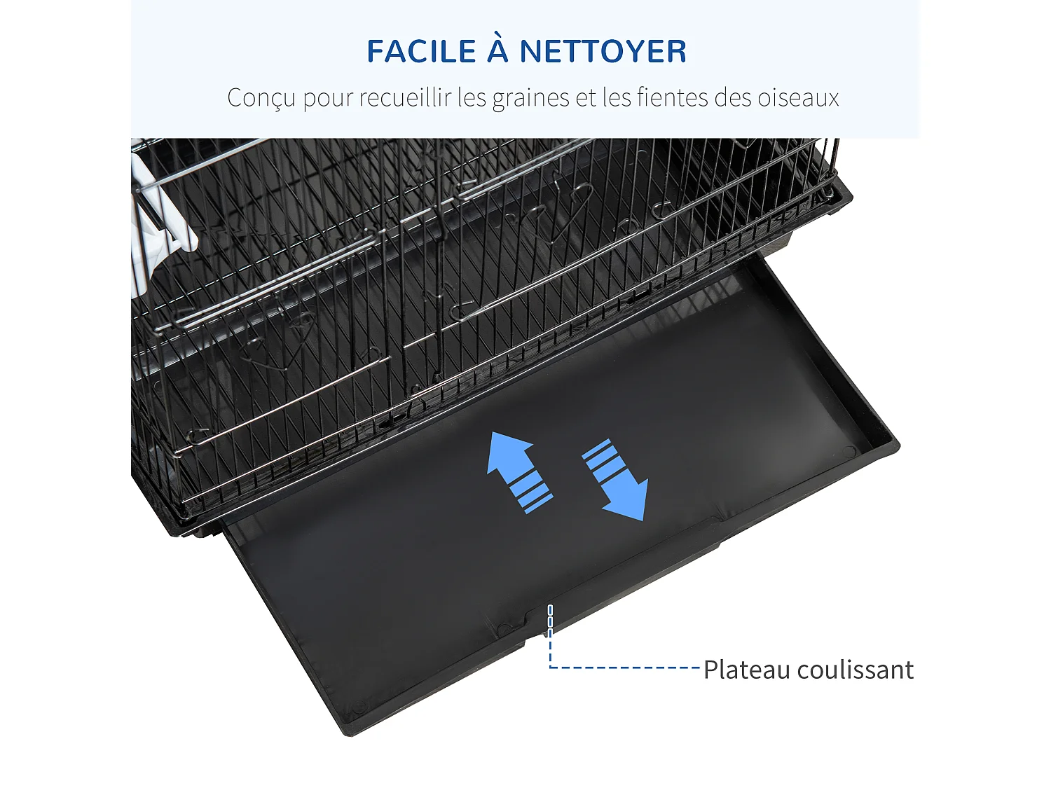 Cage à oiseaux volière avec mangeoires perchoirs plateau amovible dim. 46,5L x 35,5l x 92H cm métal PS noir