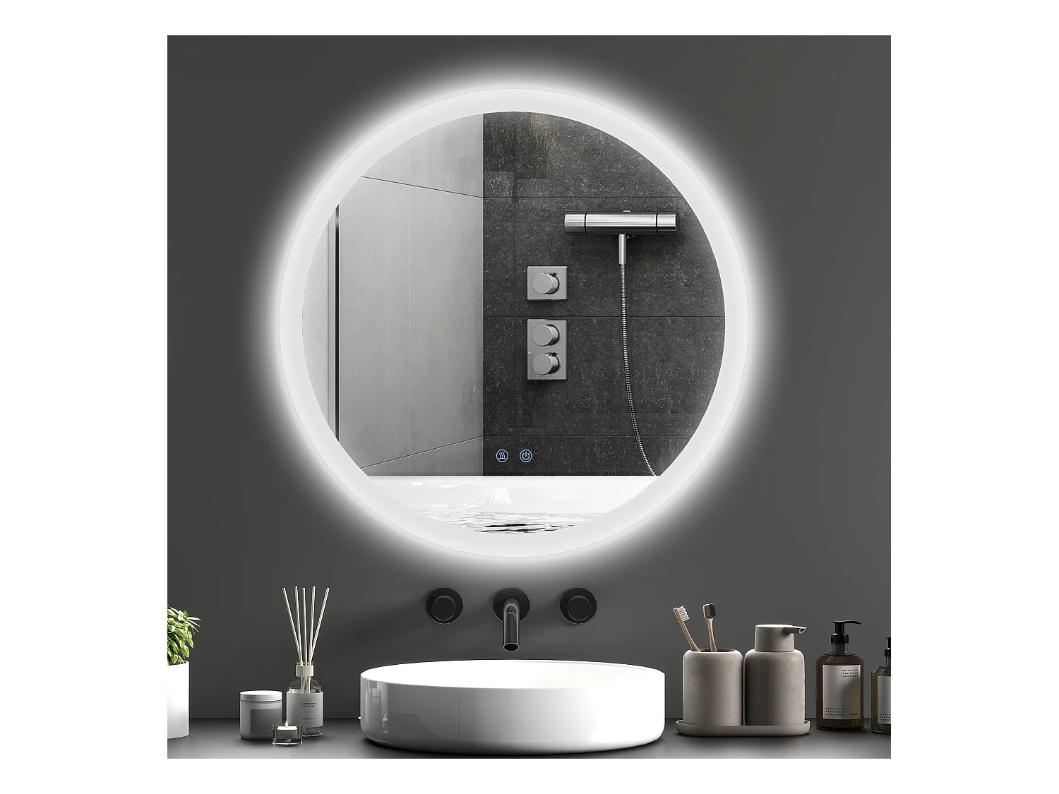 Miroir rond lumineux LED de salle de bain Ø 70 cm mural avec éclairage 3 couleurs interrupteur tactile système antibuée 35W blanc argent