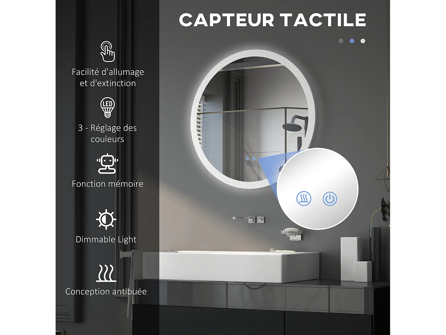 Miroir rond lumineux LED de salle de bain Ø 70 cm mural avec éclairage 3 couleurs interrupteur tactile système antibuée 35W blanc argent