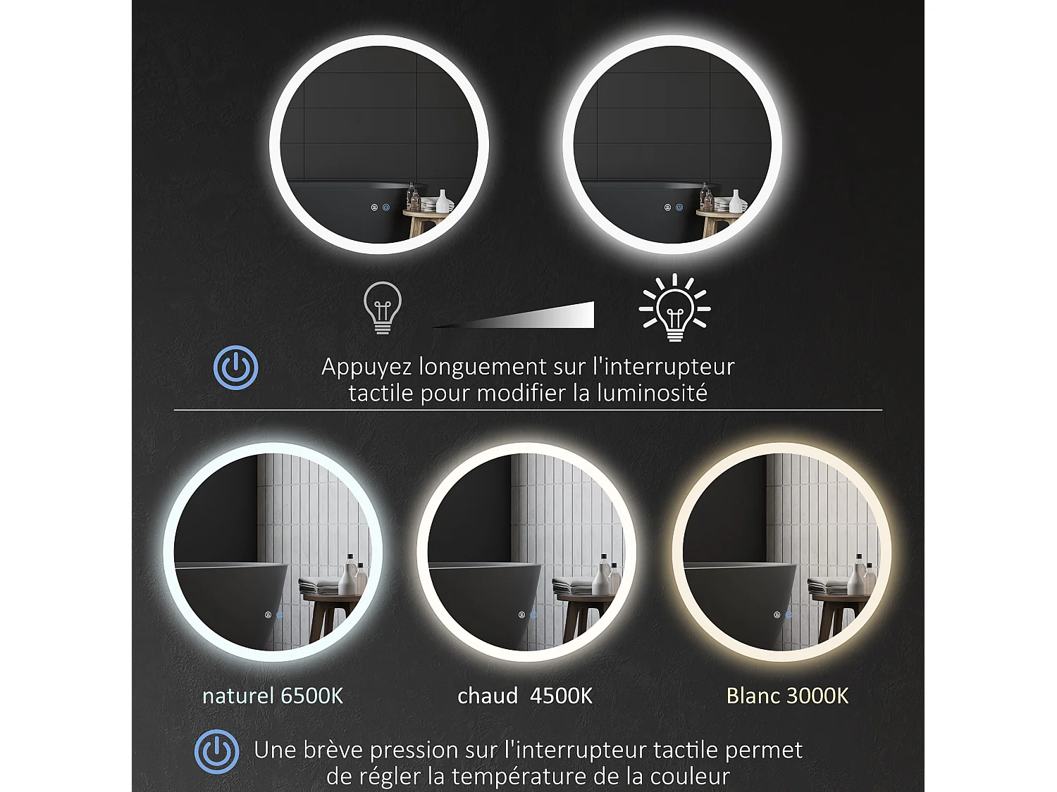 Miroir rond lumineux LED de salle de bain Ø 70 cm mural avec éclairage 3 couleurs interrupteur tactile système antibuée 35W blanc argent