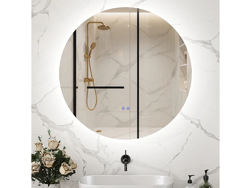 Miroir rond lumineux LED de salle de bain 60 cm avec éclairage interrupteur tactile système antibuée miroir mural LED à luminosité réglable 29 W gris