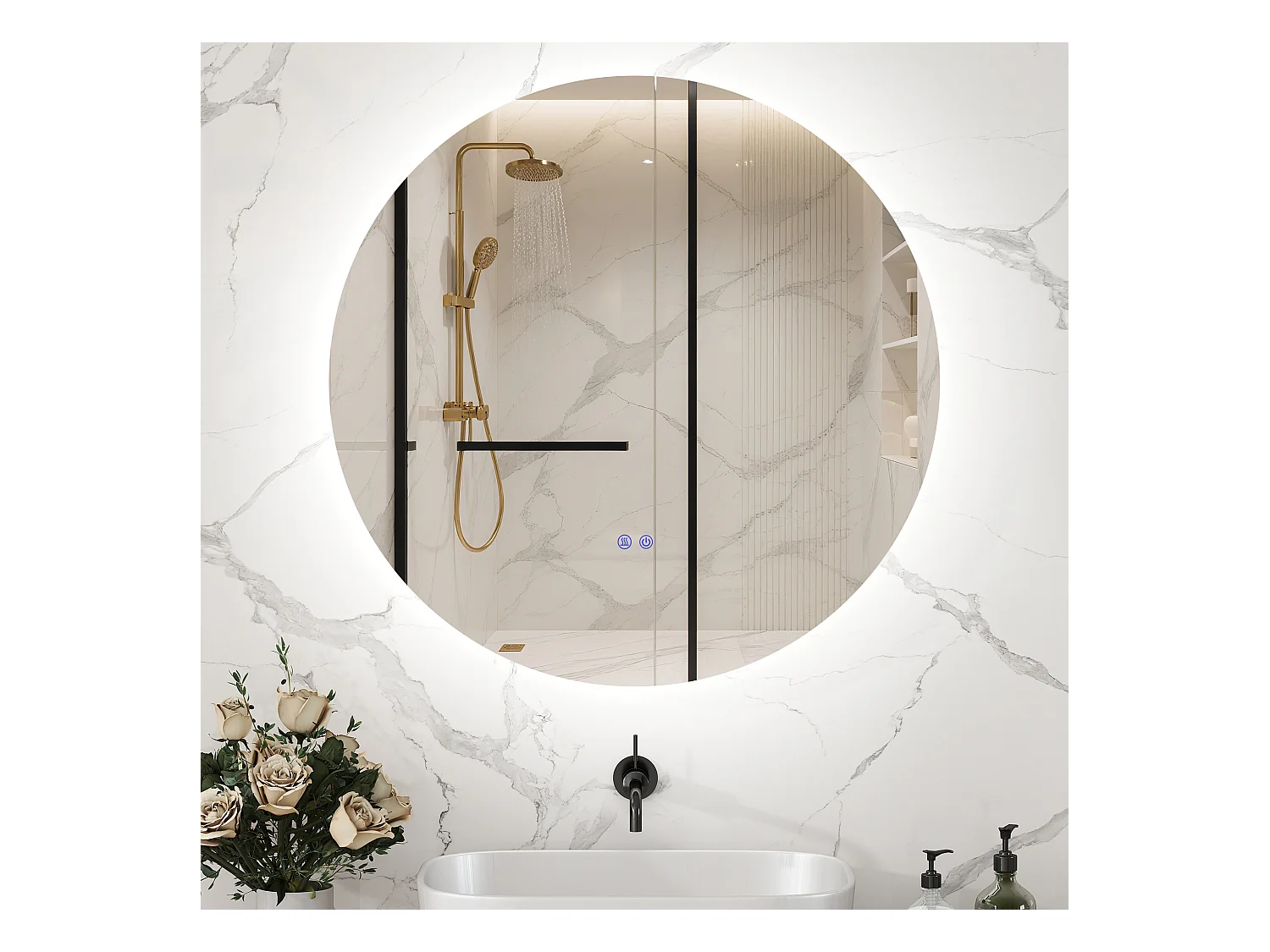 Miroir rond lumineux LED de salle de bain 60 cm avec éclairage interrupteur tactile système antibuée miroir mural LED à luminosité réglable 29 W gris