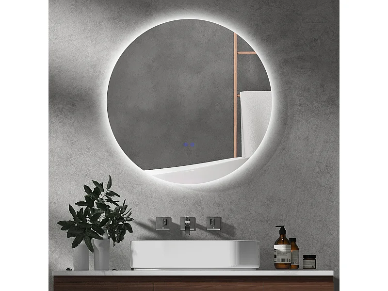 Miroir rond lumineux LED de salle de bain 70 cm avec éclairage interrupteur tactile système antibuée miroir mural LED à luminosité réglable 35 W gris