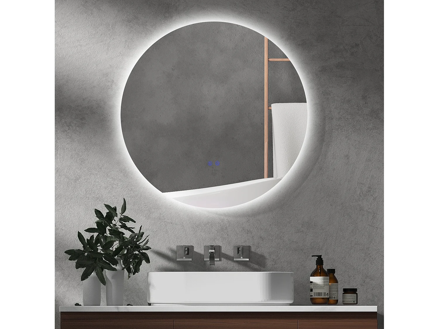 Miroir rond lumineux LED de salle de bain 70 cm avec éclairage interrupteur tactile système antibuée miroir mural LED à luminosité réglable 35 W gris