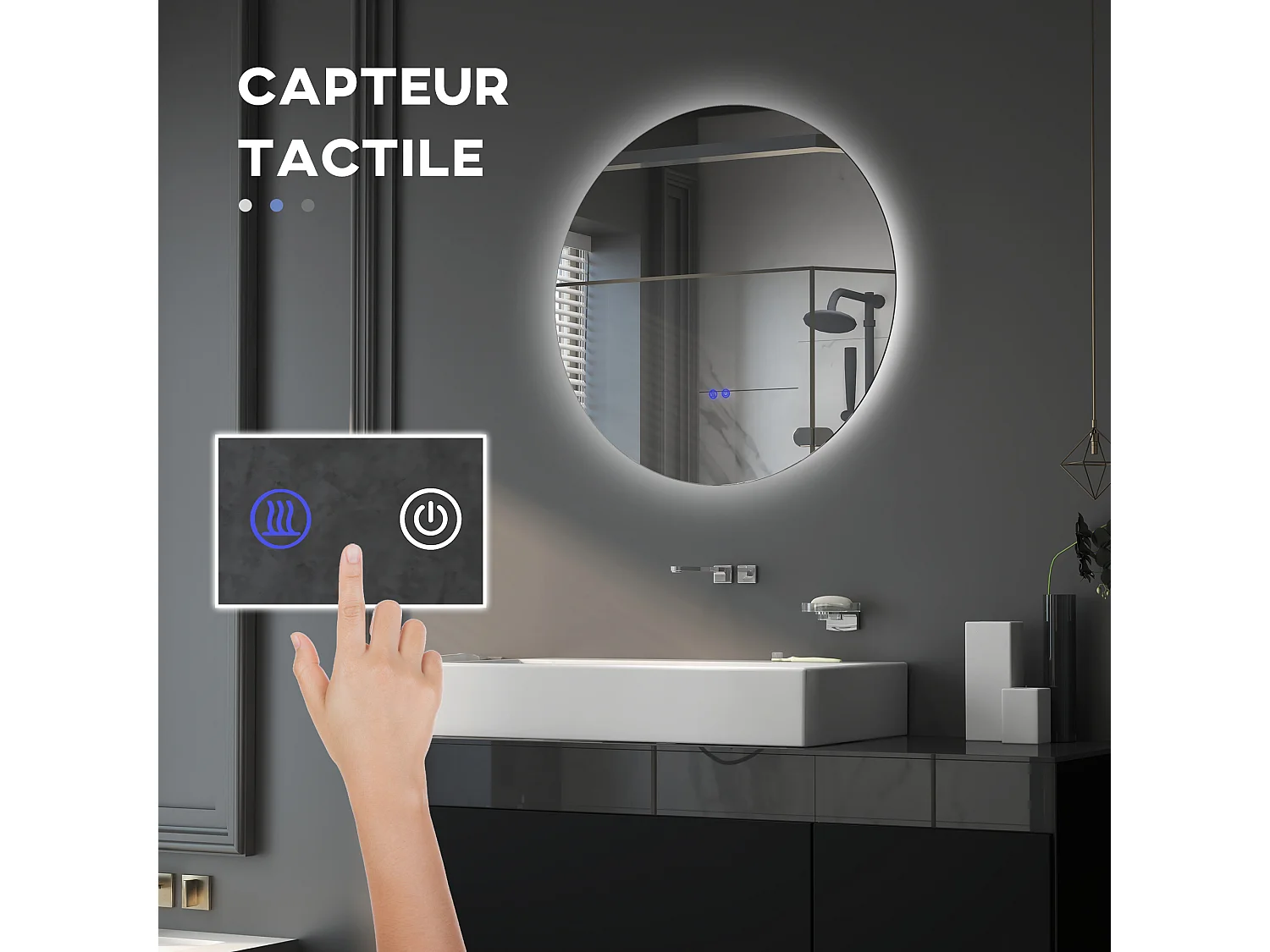Miroir rond lumineux LED de salle de bain 70 cm avec éclairage interrupteur tactile système antibuée miroir mural LED à luminosité réglable 35 W gris