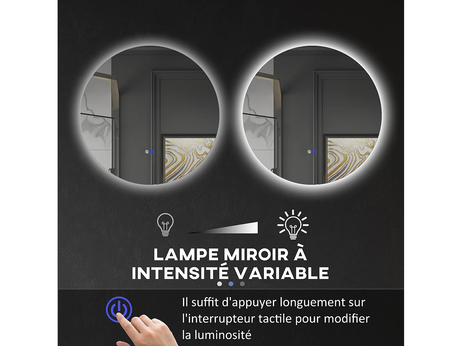 Miroir rond lumineux LED de salle de bain 70 cm avec éclairage interrupteur tactile système antibuée miroir mural LED à luminosité réglable 35 W gris