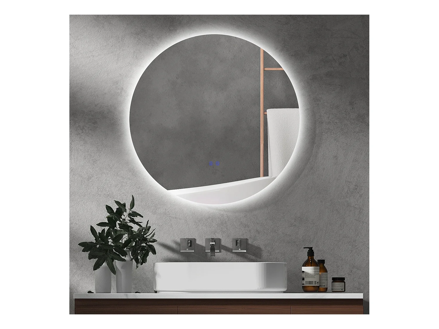 Miroir rond lumineux LED de salle de bain 70 cm avec éclairage interrupteur tactile système antibuée miroir mural LED à luminosité réglable 35 W gris